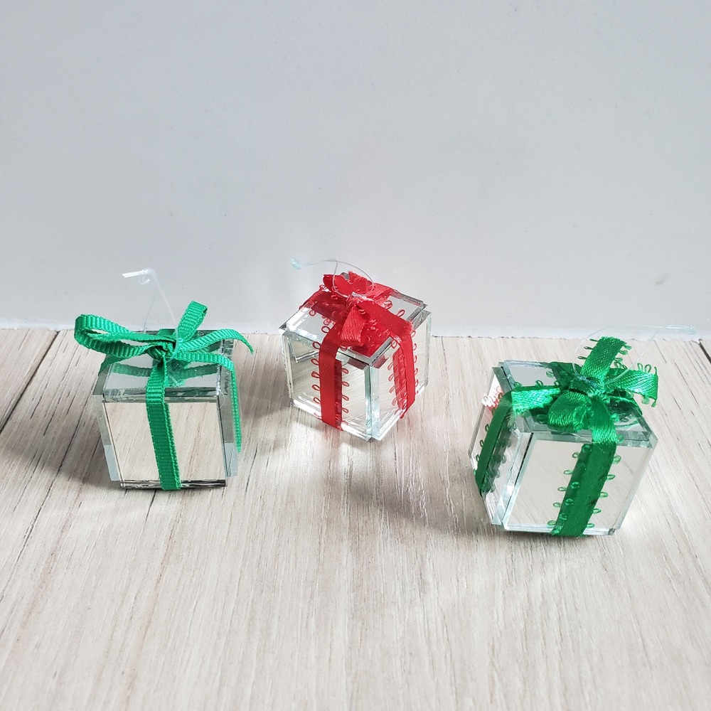 Mini Mirrored Gift Box Christmas Ornaments Set of 3 Red Green Ribbon Glass Boxes